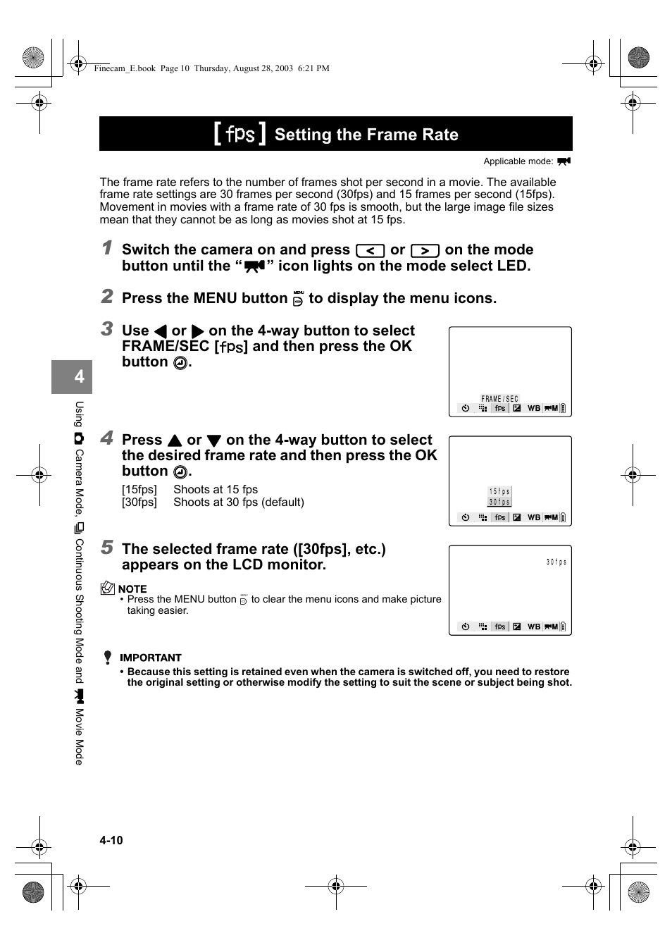Setting the frame rate | Kyocera SL300R User Manual | Page 68 / 134
