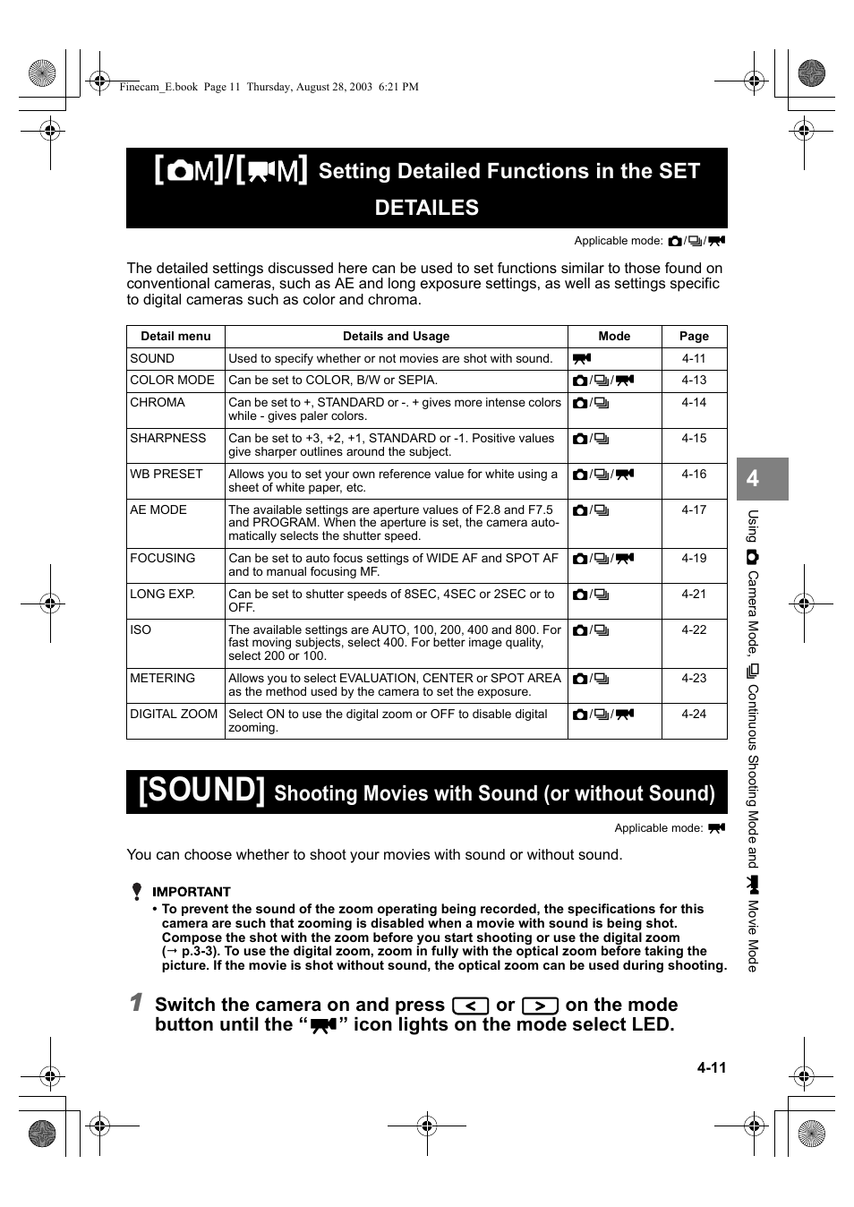 Sound, Setting detailed functions in the set detailes, Shooting movies with sound (or without sound) | Switch the camera on and press, On the mode button until the, Icon lights on the mode select led | Kyocera SL300R User Manual | Page 69 / 134