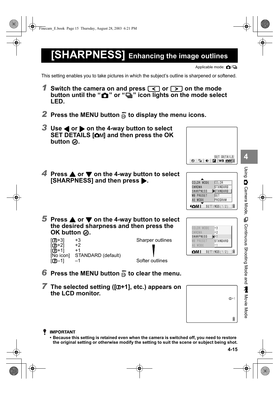 Sharpness, Enhancing the image outlines, Switch the camera on and press | On the mode button until the, Icon lights on the mode select led, Press the menu button k to display the menu icons, Press, Press the menu button k to clear the menu | Kyocera SL300R User Manual | Page 73 / 134