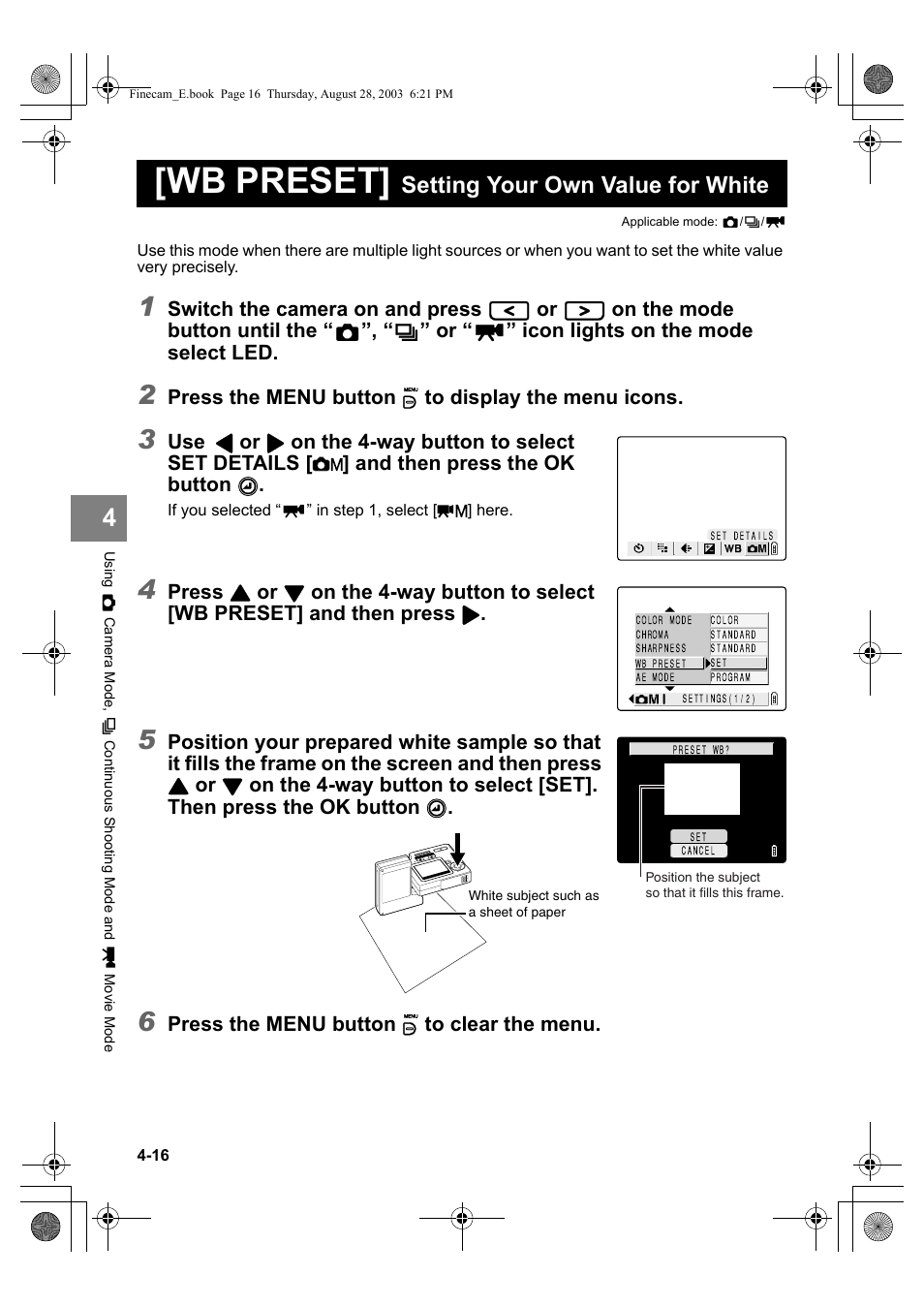 Wb preset, Setting your own value for white | Kyocera SL300R User Manual | Page 74 / 134
