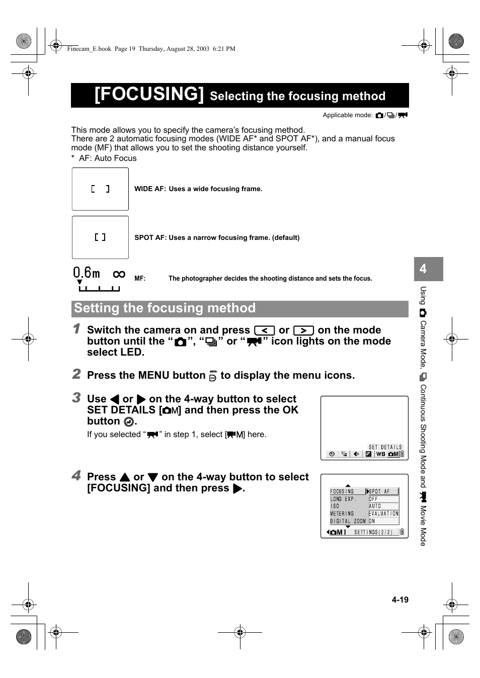 Focusing, Setting the focusing method, Selecting the focusing method | Kyocera SL300R User Manual | Page 77 / 134
