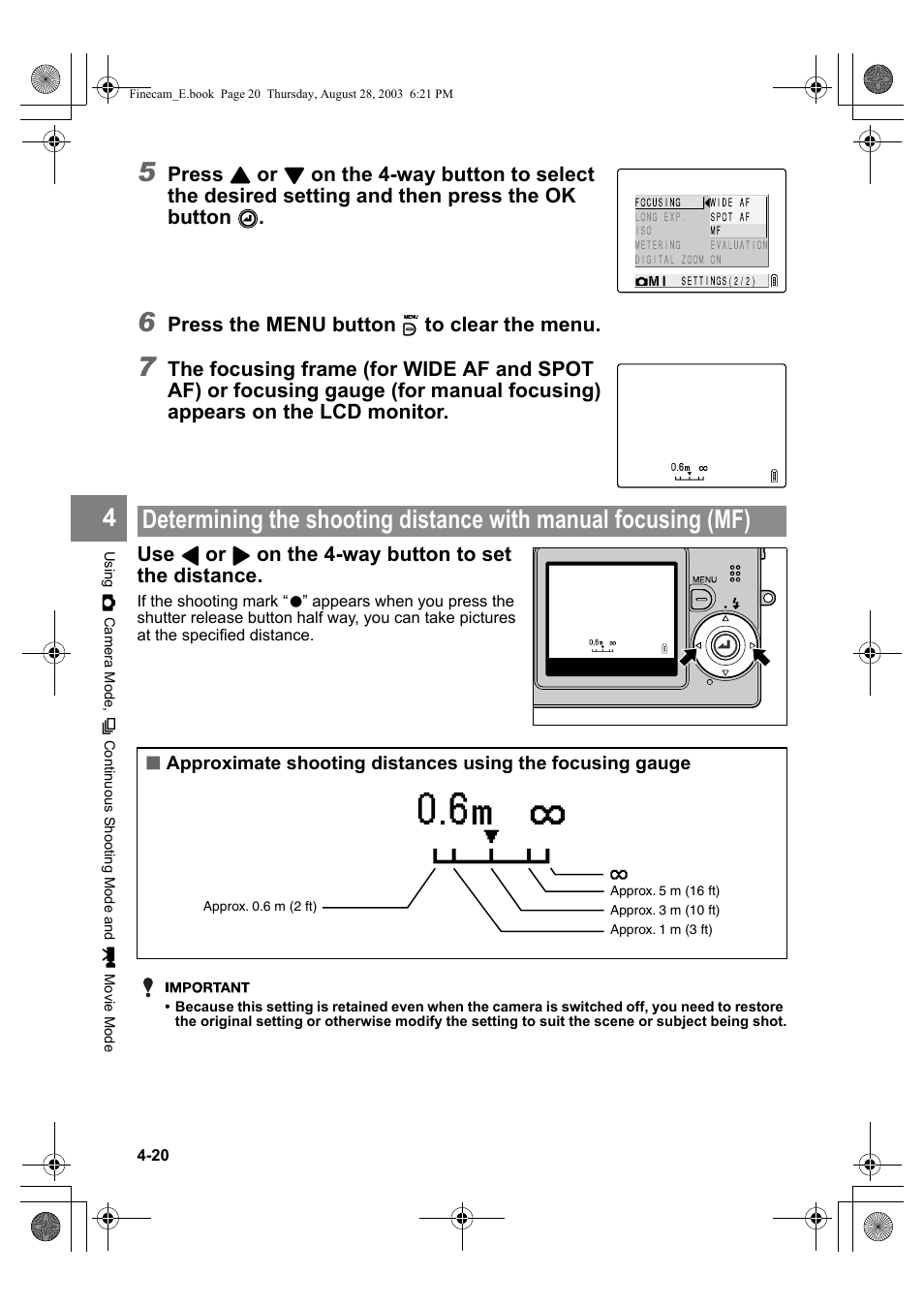 Press, Press the menu button k to clear the menu, On the 4-way button to set the distance | Kyocera SL300R User Manual | Page 78 / 134