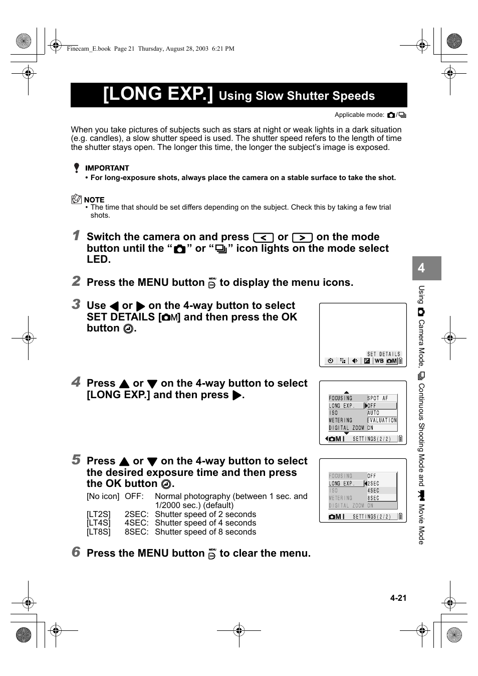 Long exp, Using slow shutter speeds, Switch the camera on and press | On the mode button until the, Icon lights on the mode select led, Press the menu button k to display the menu icons, Press, Press the menu button k to clear the menu | Kyocera SL300R User Manual | Page 79 / 134