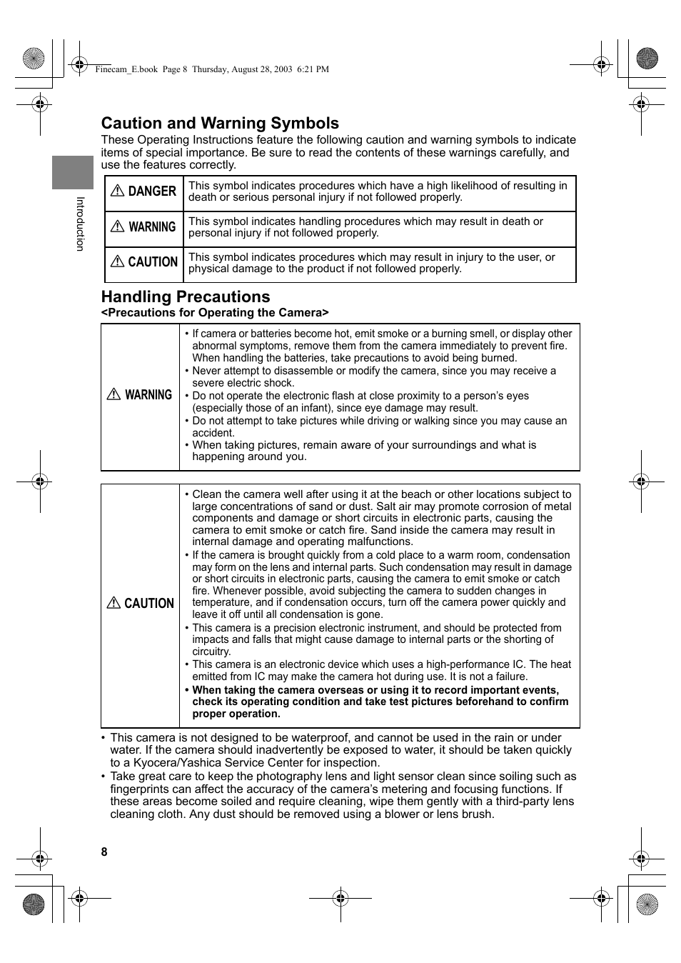 Caution and warning symbols, Handling precautions | Kyocera SL300R User Manual | Page 8 / 134