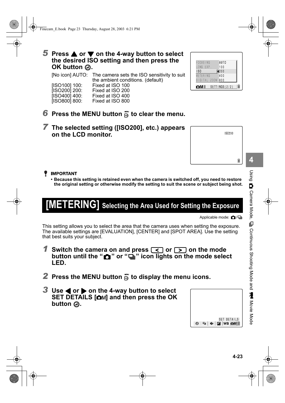 Metering, Selecting the area used for setting the exposure | Kyocera SL300R User Manual | Page 81 / 134