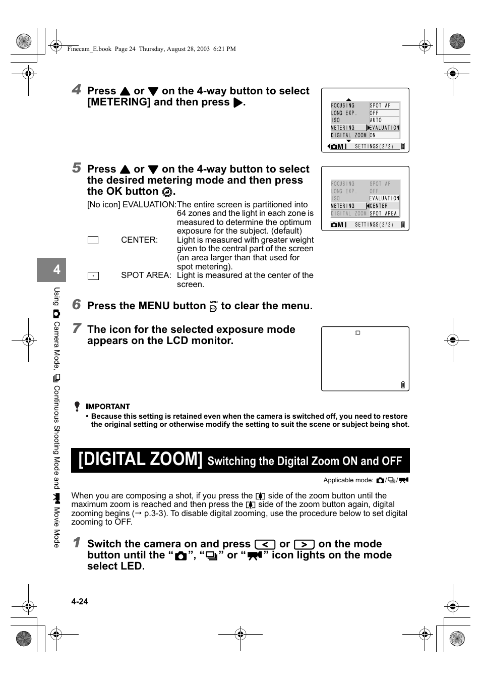 Digital zoom, Switching the digital zoom on and off, Press | Press the menu button k to clear the menu, Switch the camera on and press, On the mode button until the, Icon lights on the mode select led | Kyocera SL300R User Manual | Page 82 / 134