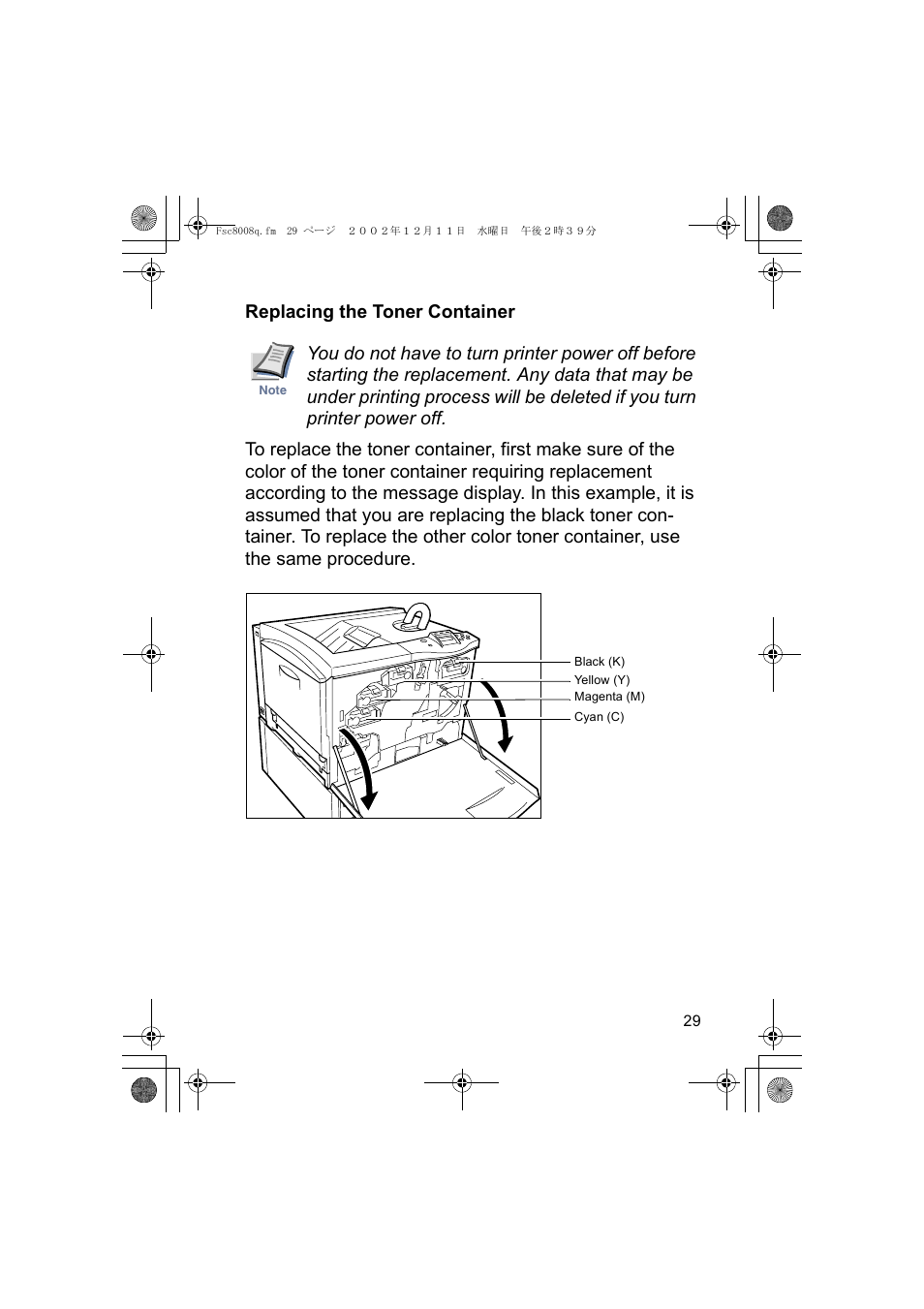 Replacing the toner container | Kyocera FS-C8008N User Manual | Page 31 / 40