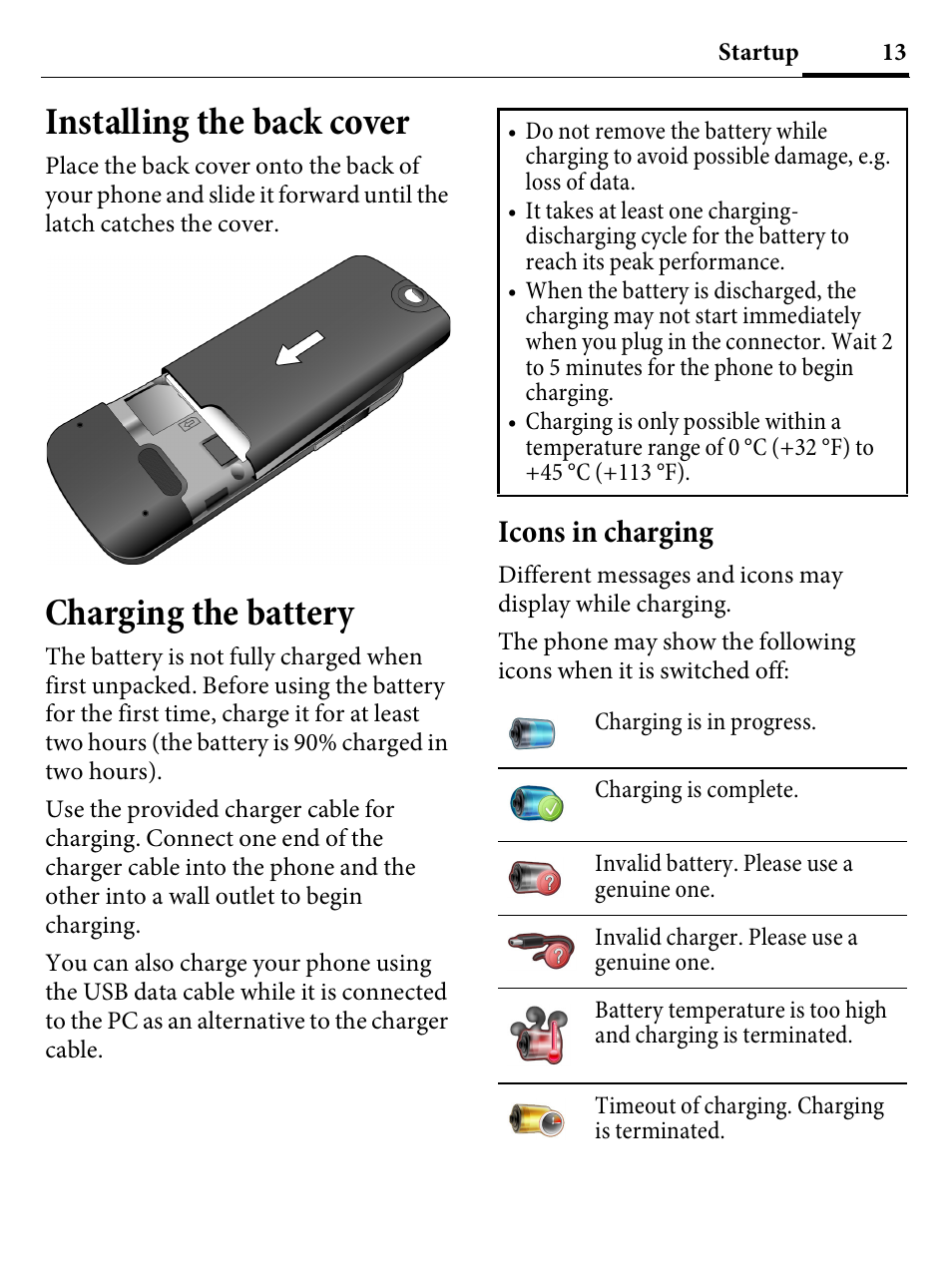 Installing the back cover, Charging the battery, Icons in charging | Installing the back cover charging the battery | Kyocera E4000 User Manual | Page 13 / 73
