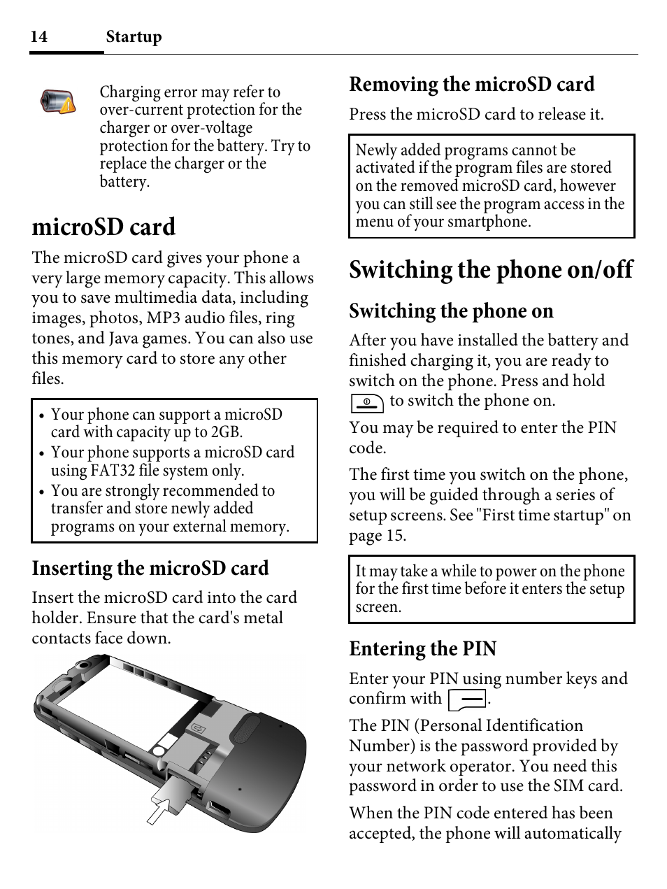 Microsd card, Inserting the microsd card, Removing the microsd card | Switching the phone on/off, Switching the phone on, Entering the pin, Switching the phone on entering the pin | Kyocera E4000 User Manual | Page 14 / 73