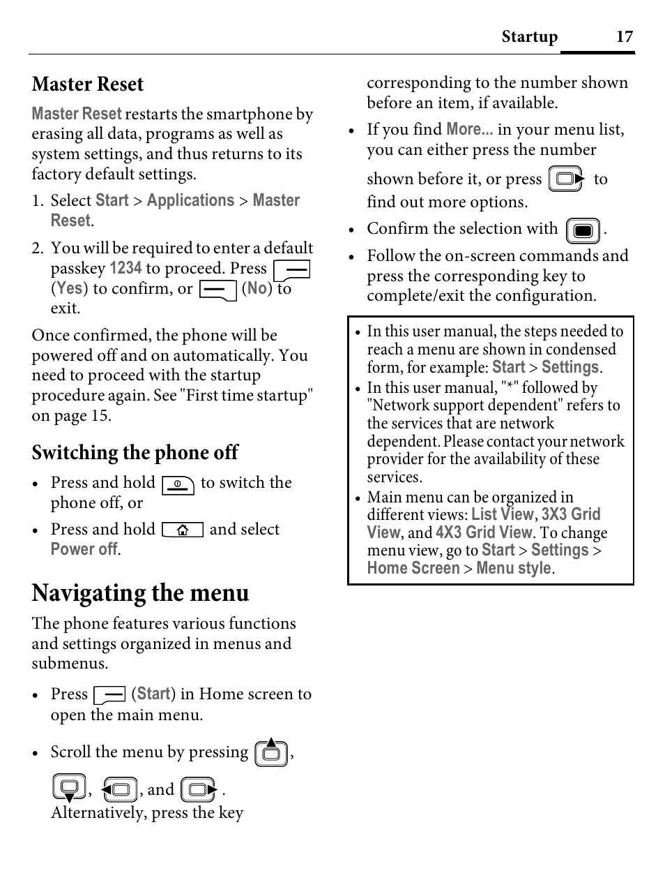 Master reset, Switching the phone off, Navigating the menu | Master reset switching the phone off | Kyocera E4000 User Manual | Page 17 / 73