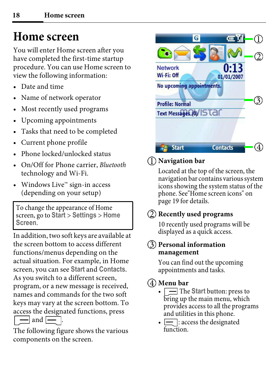 Home screen | Kyocera E4000 User Manual | Page 18 / 73