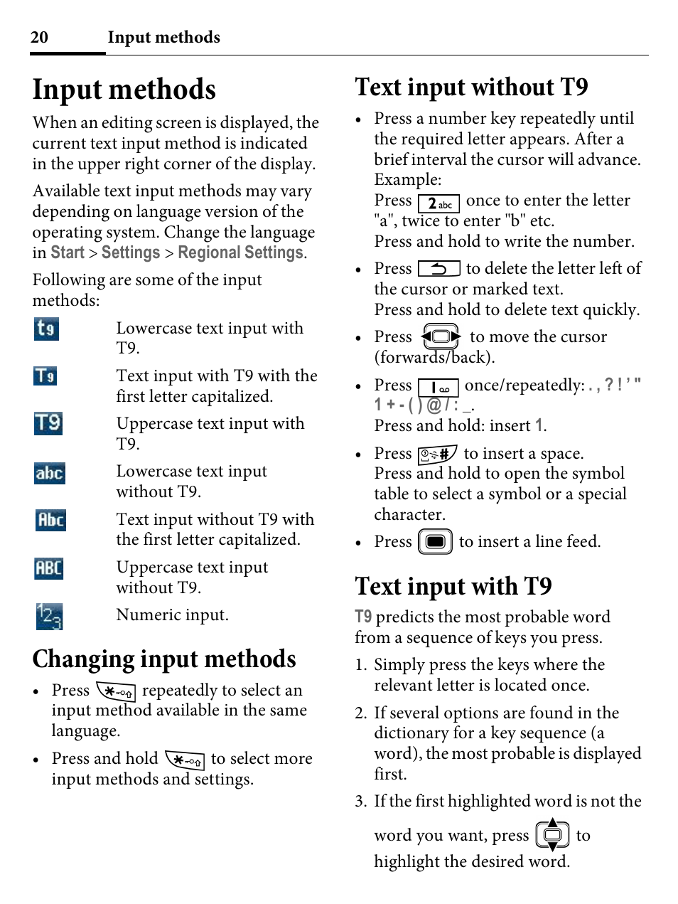 Input methods, Changing input methods, Text input without t9 | Text input with t9 | Kyocera E4000 User Manual | Page 20 / 73