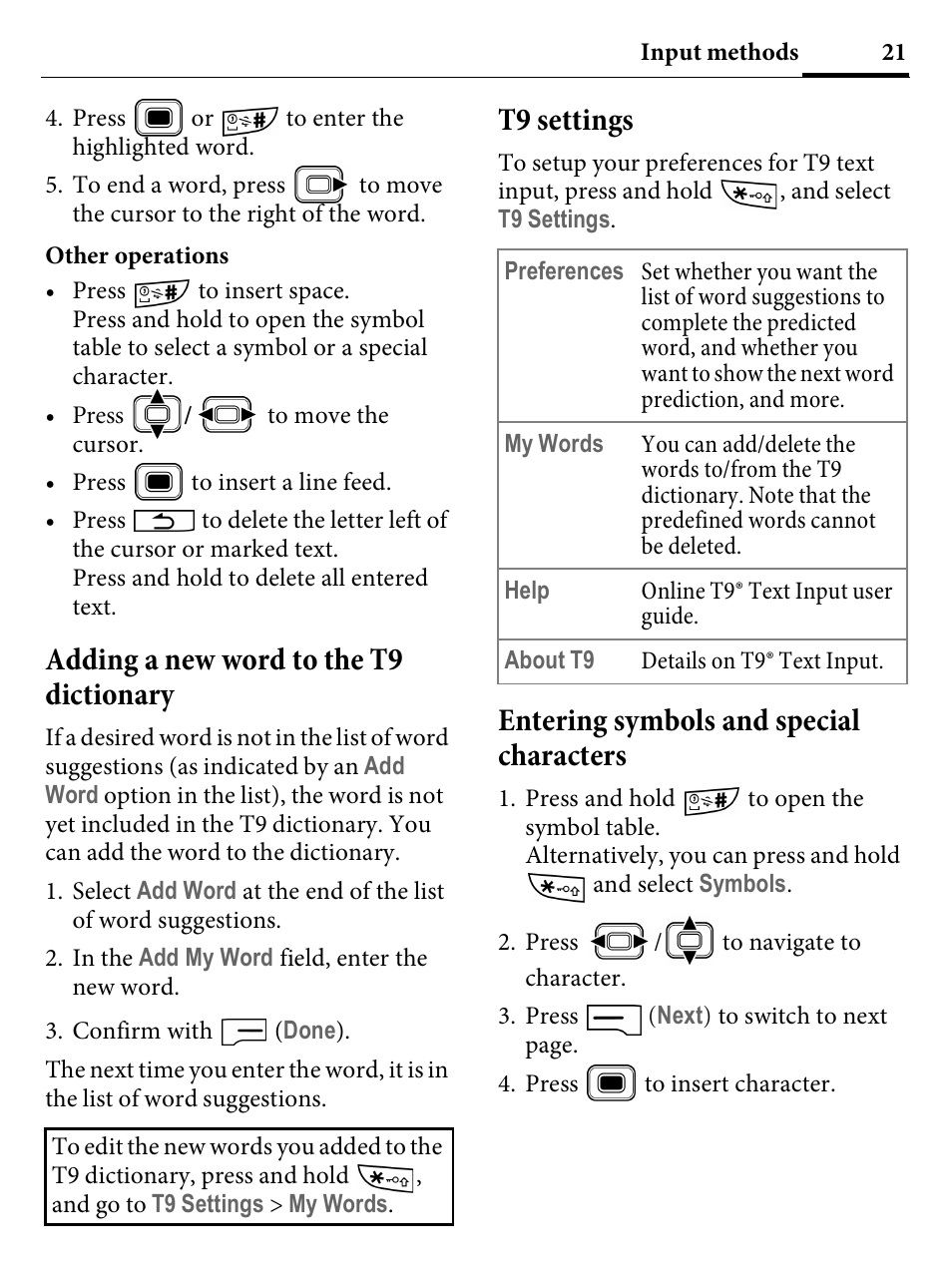 Adding a new word to the t9 dictionary, T9 settings, Entering symbols and special characters | Kyocera E4000 User Manual | Page 21 / 73