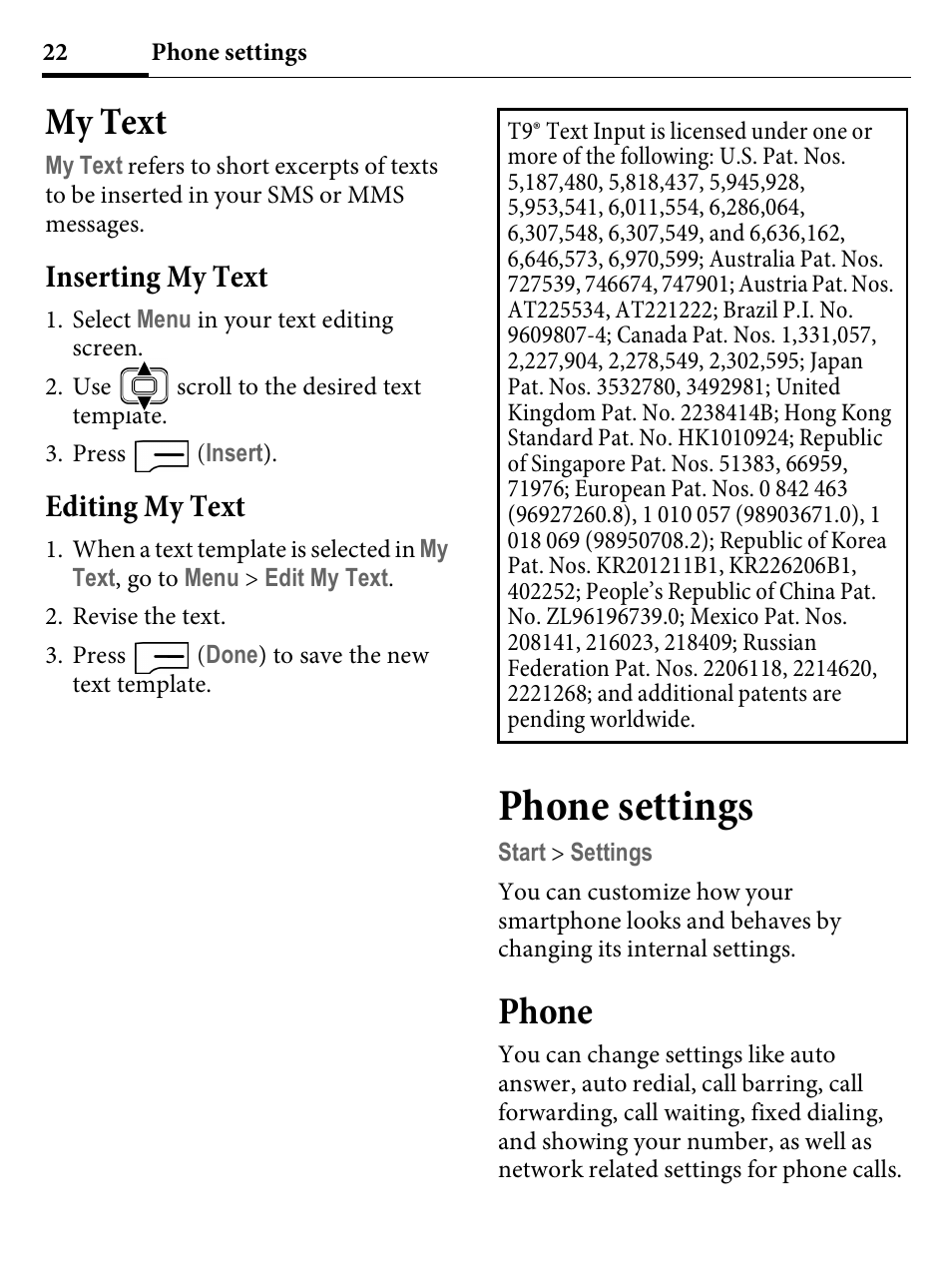 My text, Inserting my text, Editing my text | Phone settings, Phone, Inserting my text editing my text | Kyocera E4000 User Manual | Page 22 / 73