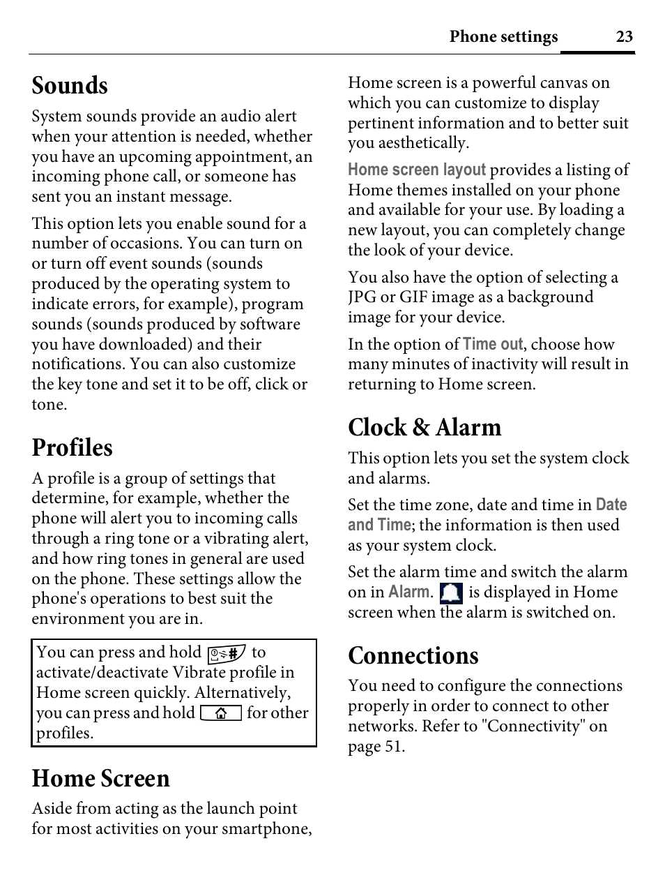 Sounds, Profiles, Home screen | Clock & alarm, Connections | Kyocera E4000 User Manual | Page 23 / 73