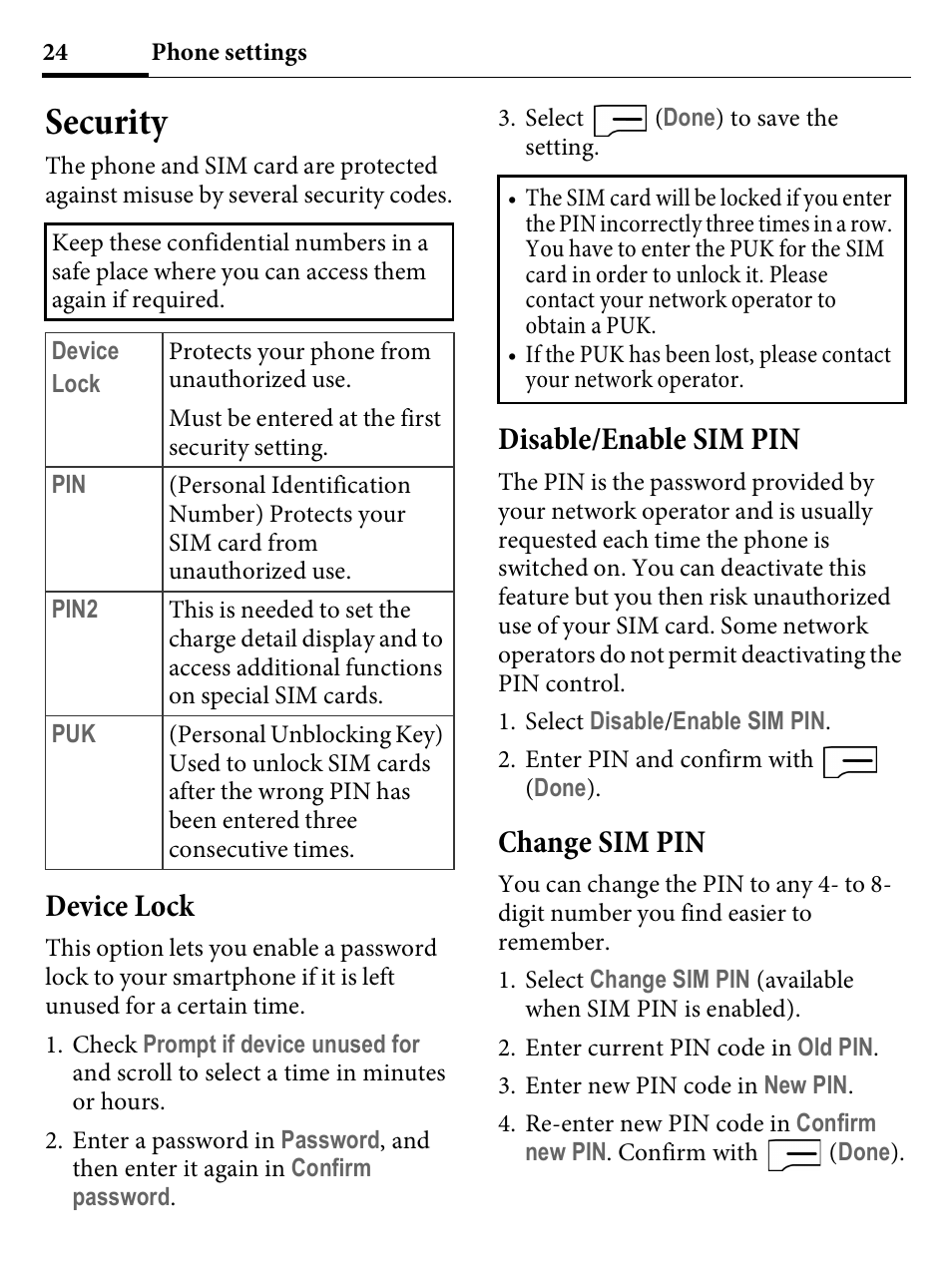Security, Device lock, Disable/enable sim pin | Change sim pin, Device lock disable/enable sim pin change sim pin | Kyocera E4000 User Manual | Page 24 / 73