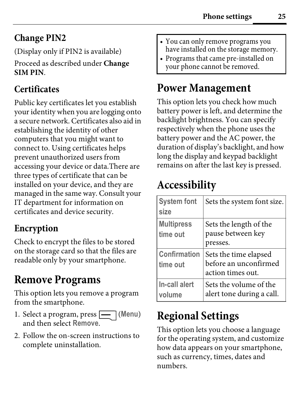 Change pin2, Certificates, Encryption | Remove programs, Power management, Accessibility, Regional settings, Change pin2 certificates encryption, Accessibility regional settings | Kyocera E4000 User Manual | Page 25 / 73