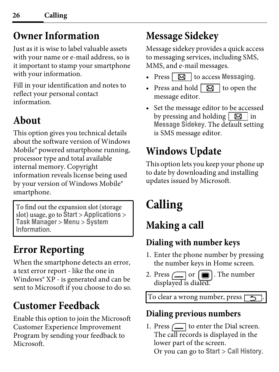 Owner information, About, Error reporting | Customer feedback, Message sidekey, Windows update, Calling, Making a call, Dialing with number keys, Dialing previous numbers | Kyocera E4000 User Manual | Page 26 / 73