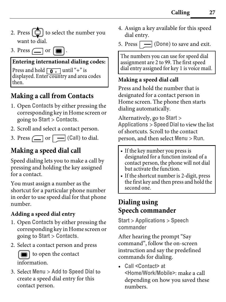 Making a call from contacts, Making a speed dial call, Dialing using speech commander | Kyocera E4000 User Manual | Page 27 / 73