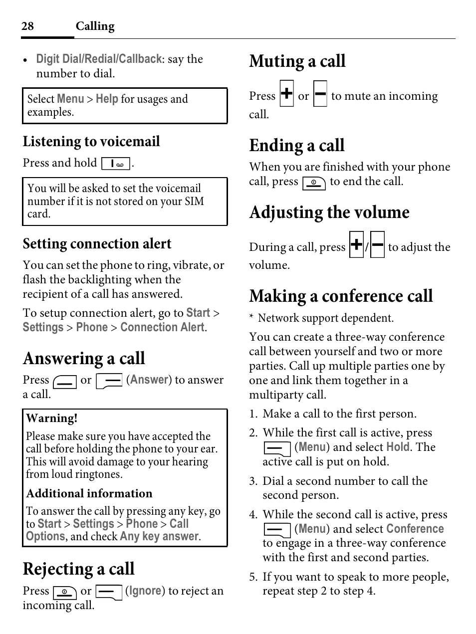 Listening to voicemail, Setting connection alert, Answering a call | Rejecting a call, Muting a call, Ending a call, Adjusting the volume, Making a conference call, Listening to voicemail setting connection alert | Kyocera E4000 User Manual | Page 28 / 73