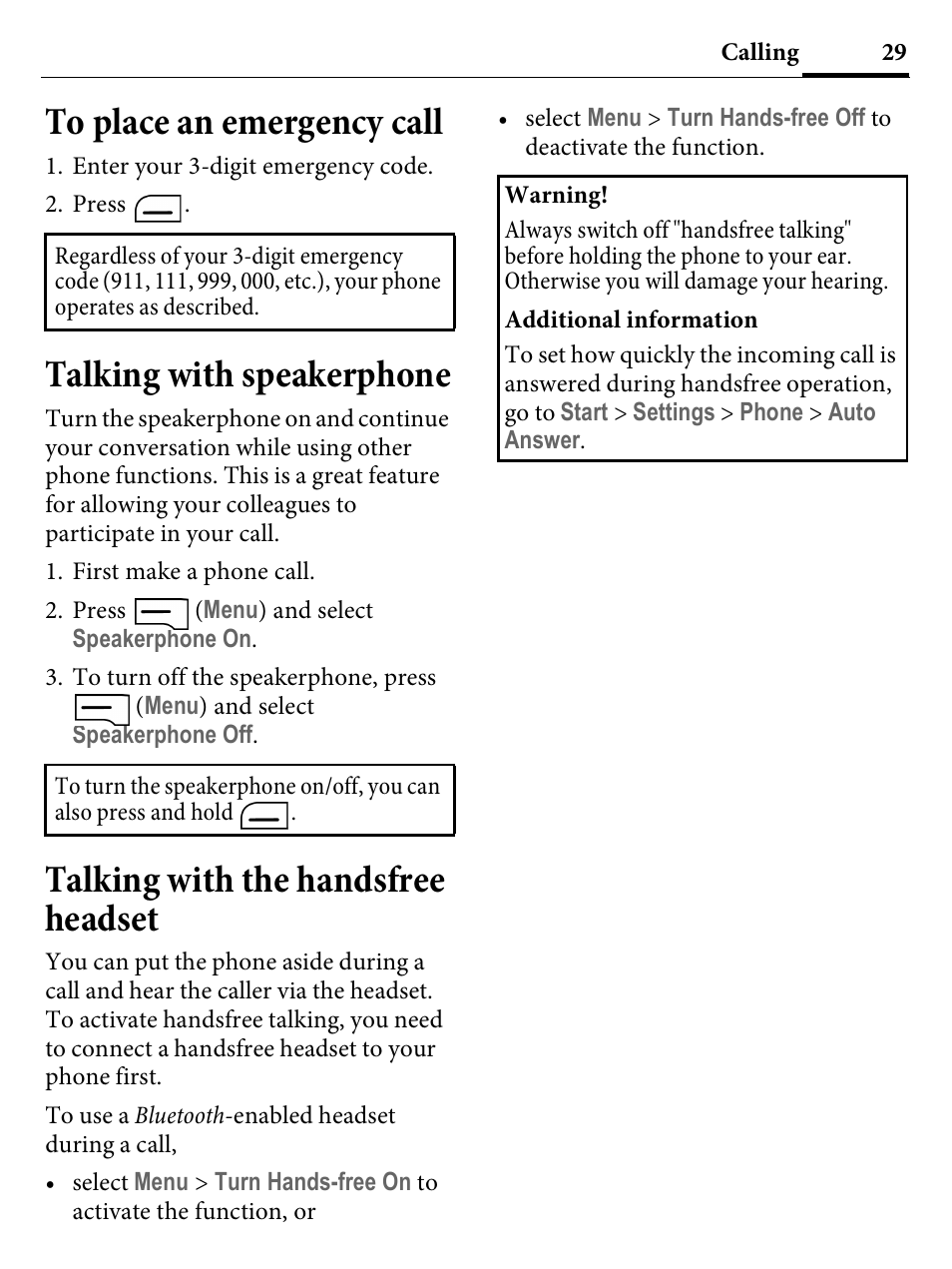 To place an emergency call, Talking with speakerphone, Talking with the handsfree headset | Kyocera E4000 User Manual | Page 29 / 73