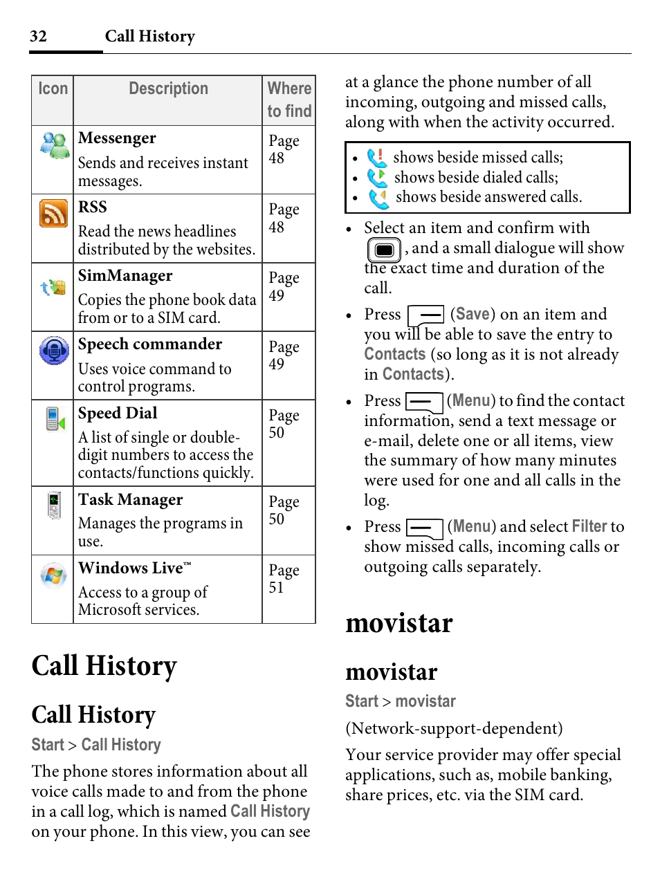 Call history, Movistar | Kyocera E4000 User Manual | Page 32 / 73