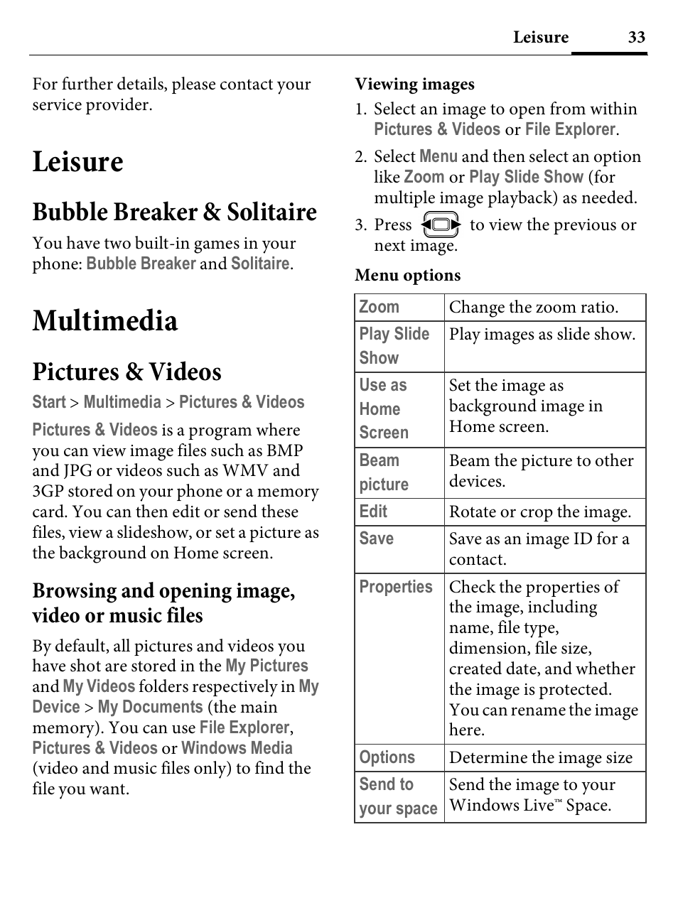 Leisure, Bubble breaker & solitaire, Multimedia | Pictures & videos, Browsing and opening image, video or music files | Kyocera E4000 User Manual | Page 33 / 73