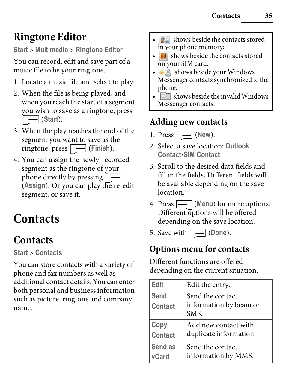 Ringtone editor, Contacts, Adding new contacts | Options menu for contacts | Kyocera E4000 User Manual | Page 35 / 73