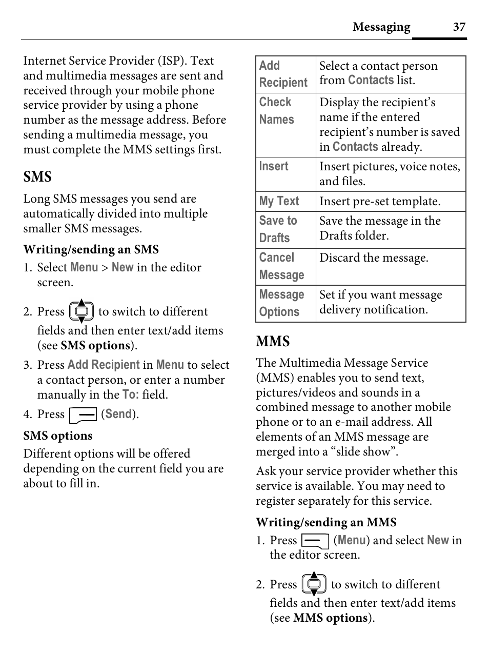 Sms mms | Kyocera E4000 User Manual | Page 37 / 73