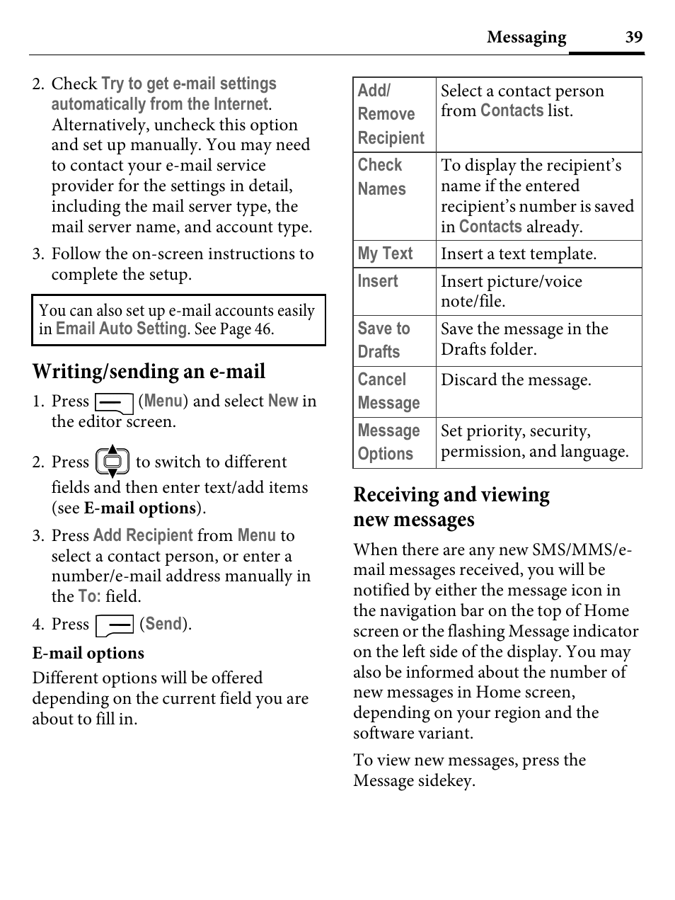 Writing/sending an e-mail, Receiving and viewing new messages | Kyocera E4000 User Manual | Page 39 / 73