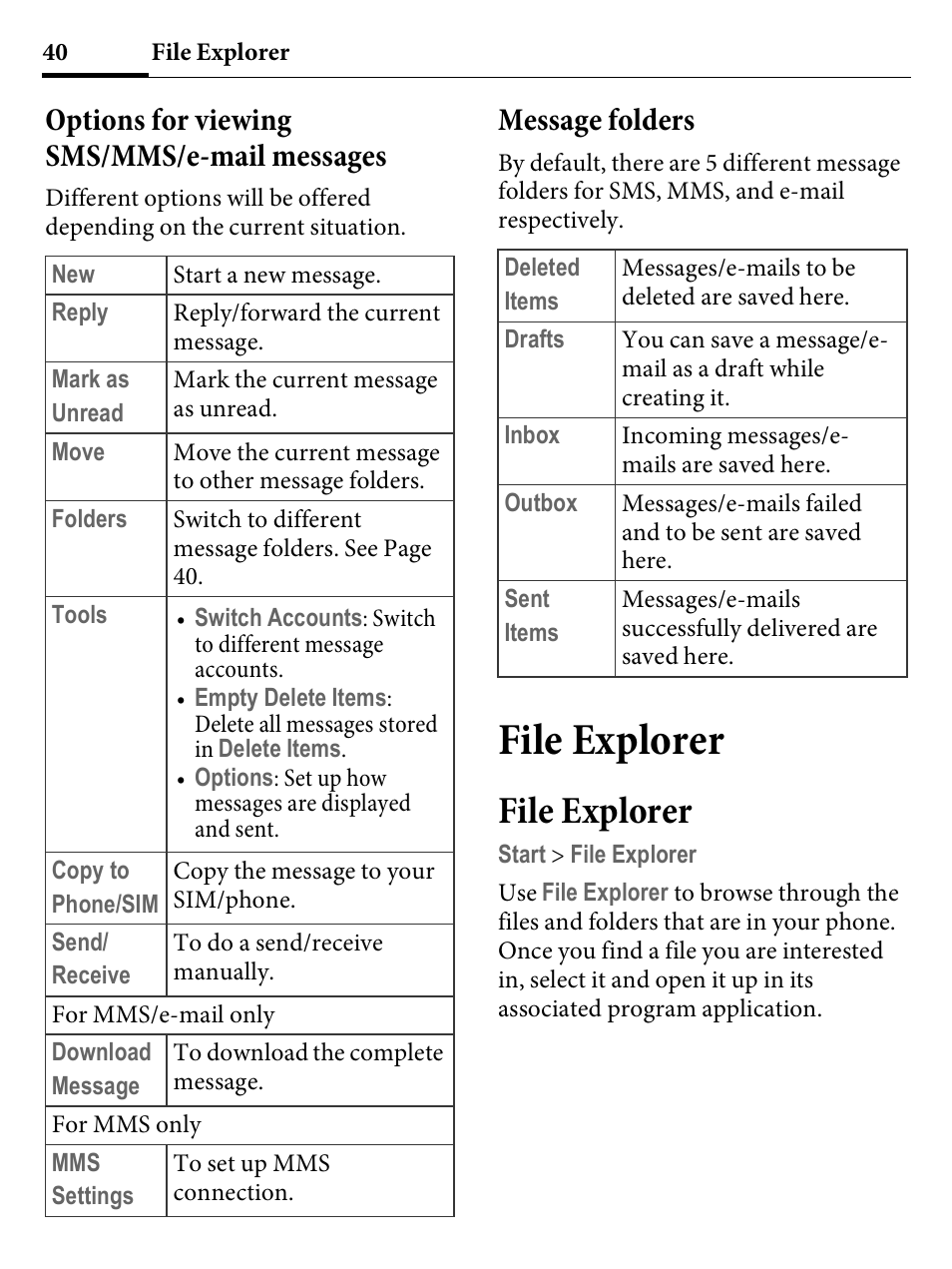 Options for viewing sms/mms/e-mail messages, Message folders, File explorer | Kyocera E4000 User Manual | Page 40 / 73