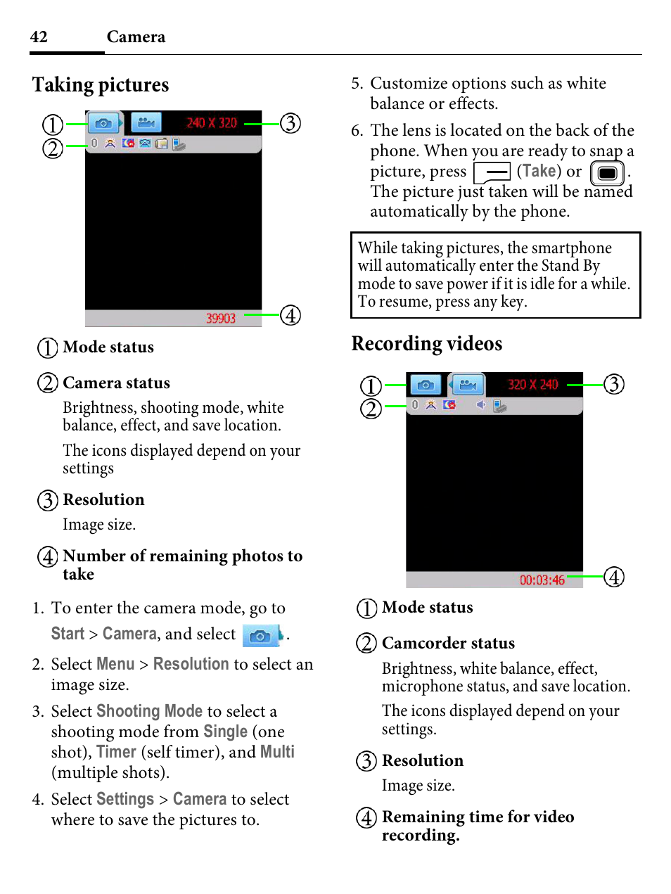 Taking pictures, Recording videos, Taking pictures recording videos | Kyocera E4000 User Manual | Page 42 / 73
