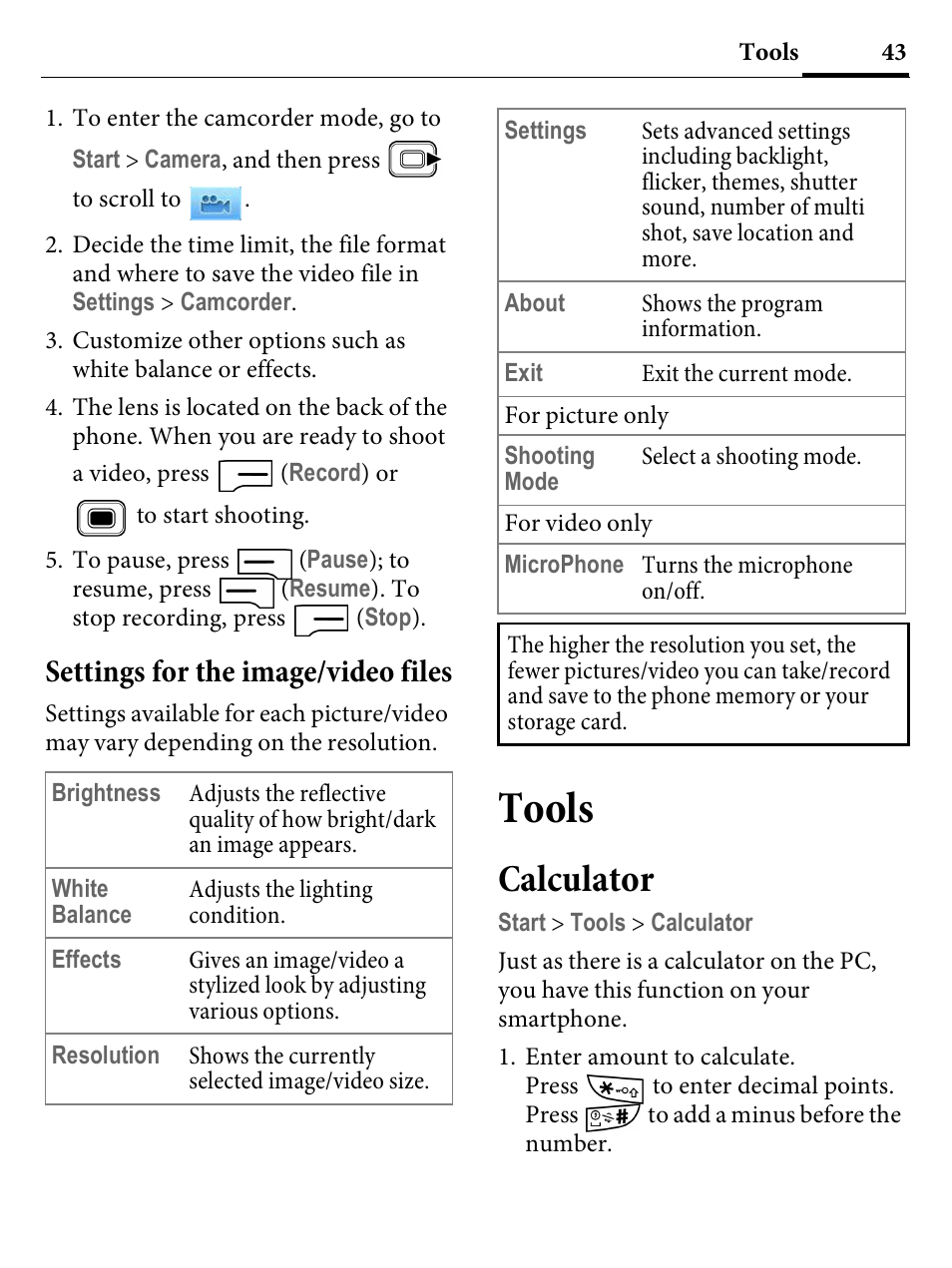 Settings for the image/video files, Tools, Calculator | Kyocera E4000 User Manual | Page 43 / 73