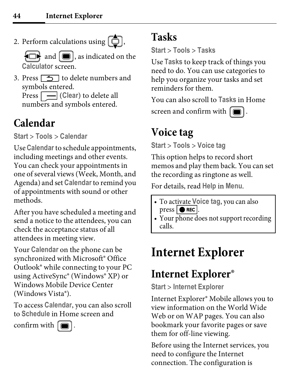Calendar, Tasks, Voice tag | Internet explorer, Tasks voice tag | Kyocera E4000 User Manual | Page 44 / 73