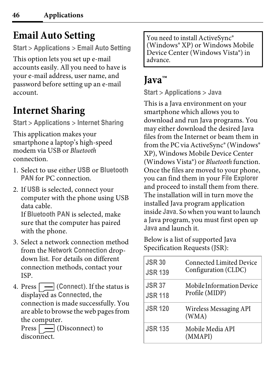 Email auto setting, Internet sharing, Java | Email auto setting internet sharing | Kyocera E4000 User Manual | Page 46 / 73