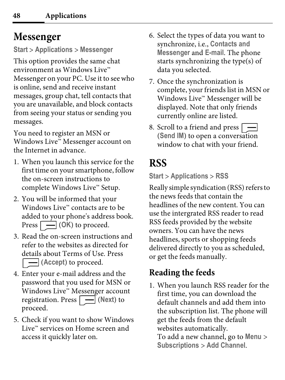 Messenger, Reading the feeds, Messenger rss | Kyocera E4000 User Manual | Page 48 / 73