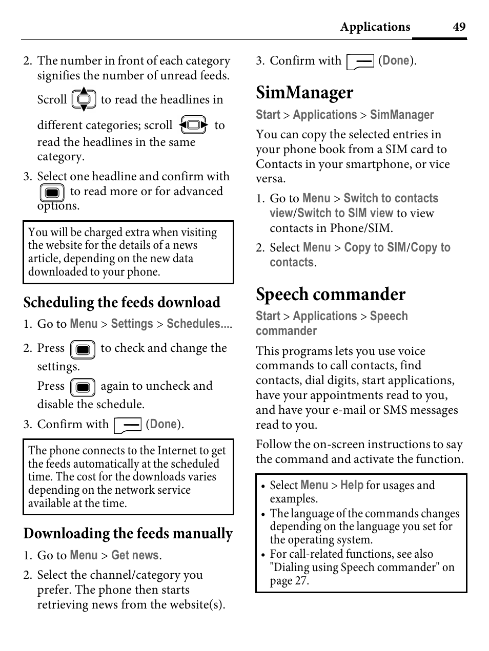 Scheduling the feeds download, Downloading the feeds manually, Simmanager | Speech commander | Kyocera E4000 User Manual | Page 49 / 73