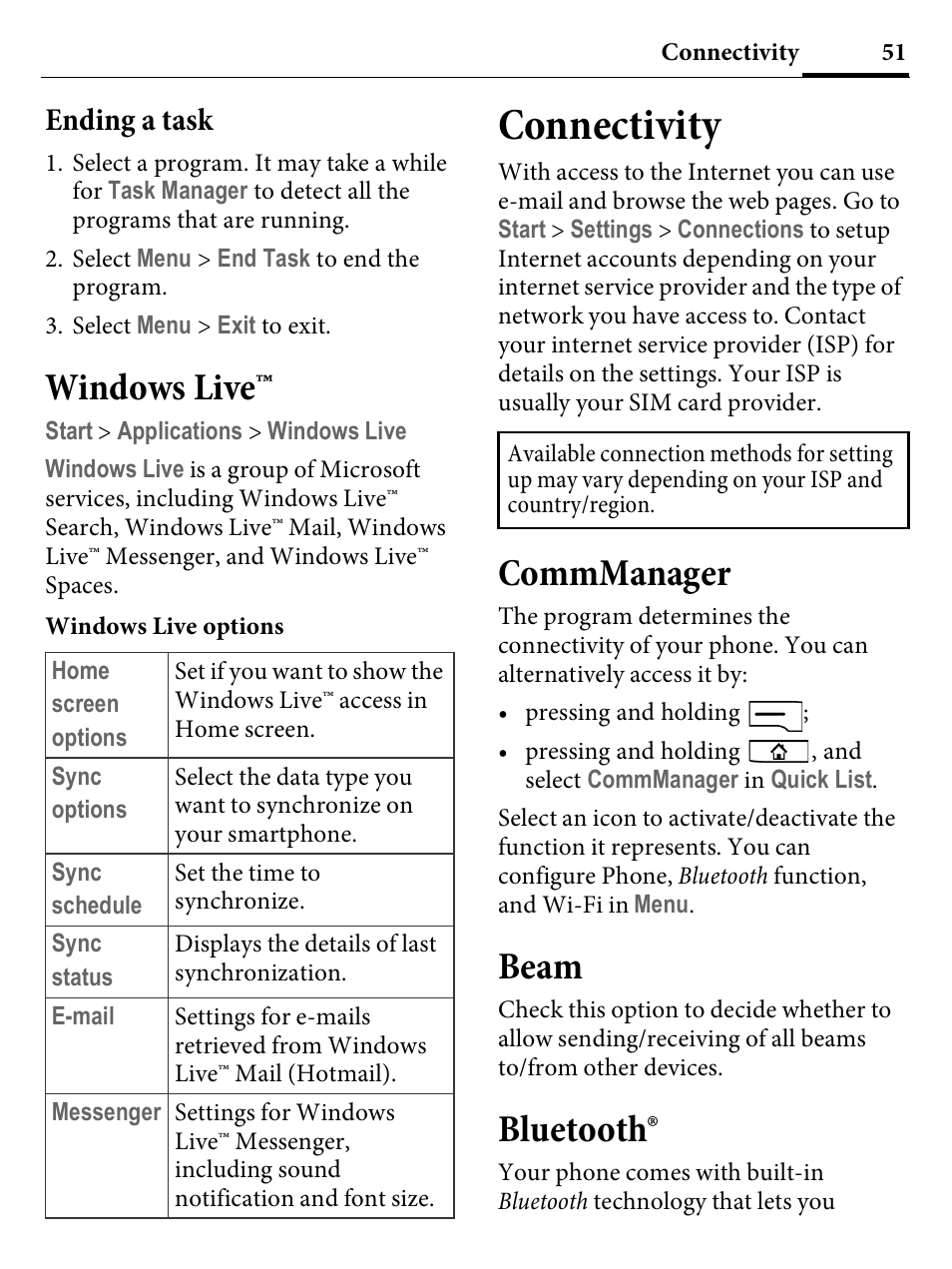 Ending a task, Windows live, Connectivity | Commmanager, Beam, Bluetooth | Kyocera E4000 User Manual | Page 51 / 73