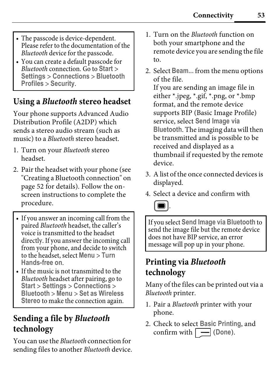 Using a bluetooth stereo headset, Sending a file by bluetooth technology, Printing via bluetooth technology | Using a, Sending a file by, Printing via b | Kyocera E4000 User Manual | Page 53 / 73