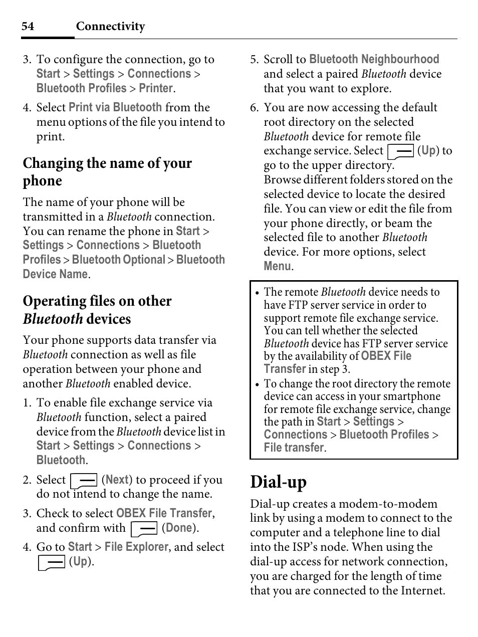 Changing the name of your phone, Operating files on other bluetooth devices, Dial-up | Changing the name of your phone 54, Operating files on other b | Kyocera E4000 User Manual | Page 54 / 73