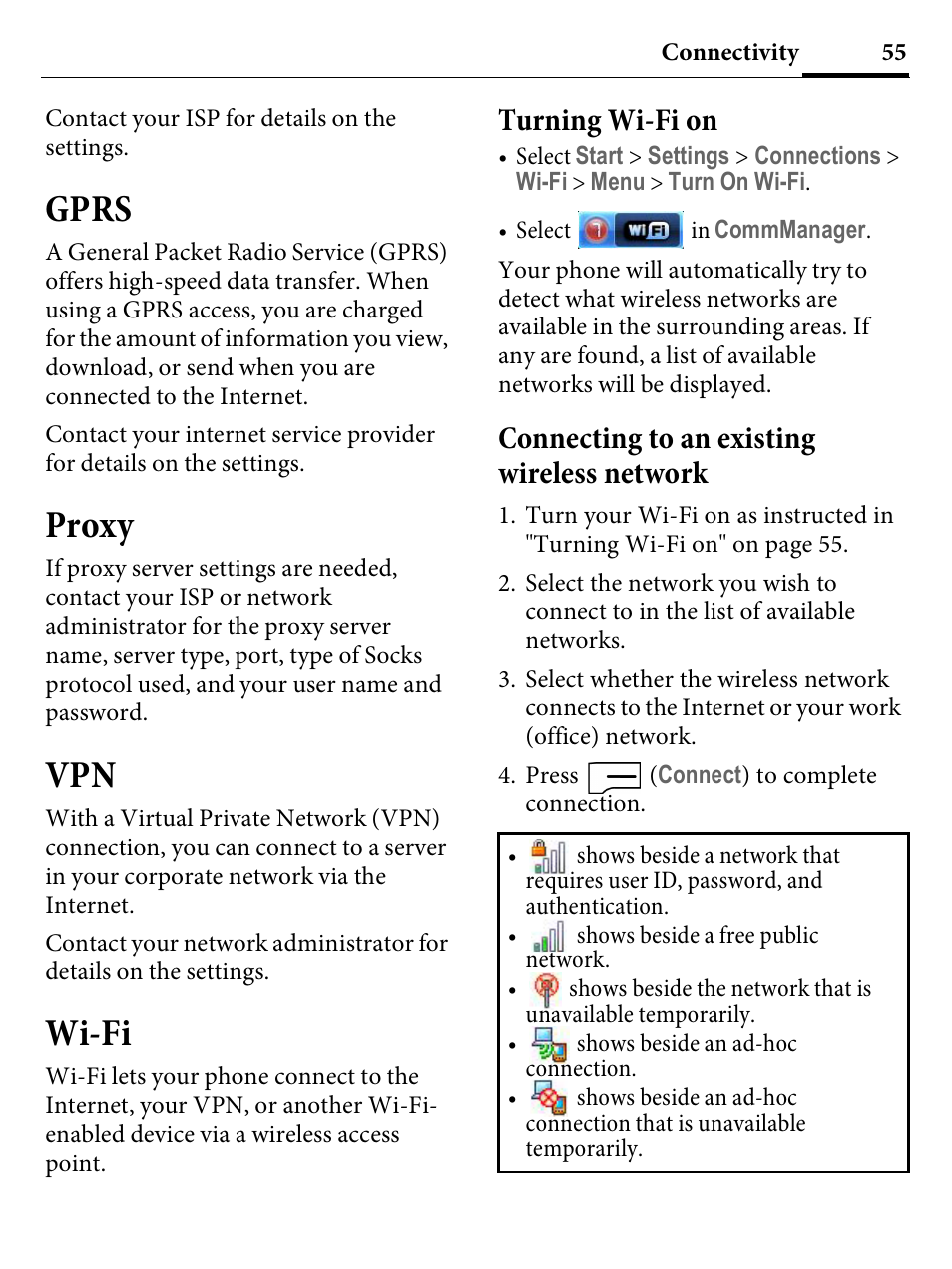 Gprs, Proxy, Wi-fi | Turning wi-fi on, Connecting to an existing wireless network | Kyocera E4000 User Manual | Page 55 / 73