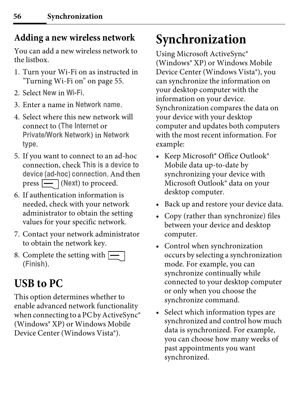 Adding a new wireless network, Usb to pc, Synchronization | Kyocera E4000 User Manual | Page 56 / 73
