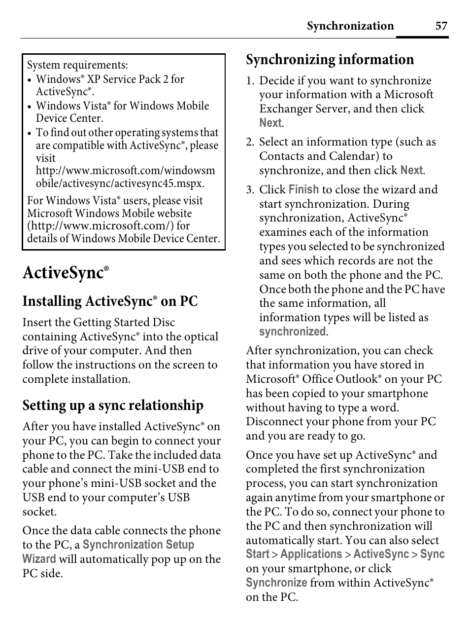 Activesync, Installing activesync® on pc, Setting up a sync relationship | Synchronizing information | Kyocera E4000 User Manual | Page 57 / 73