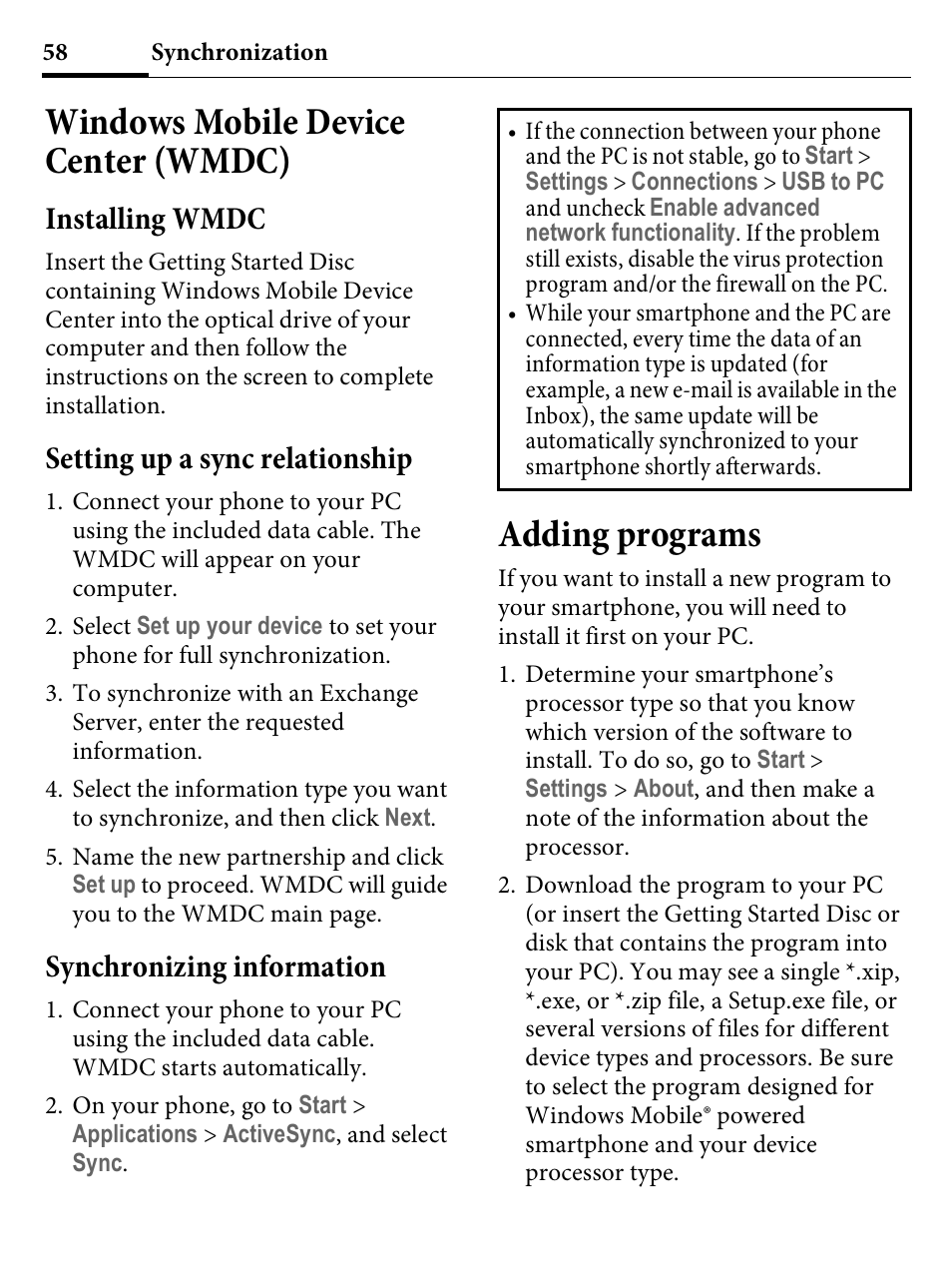 Windows mobile device center (wmdc), Installing wmdc, Setting up a sync relationship | Synchronizing information, Adding programs | Kyocera E4000 User Manual | Page 58 / 73