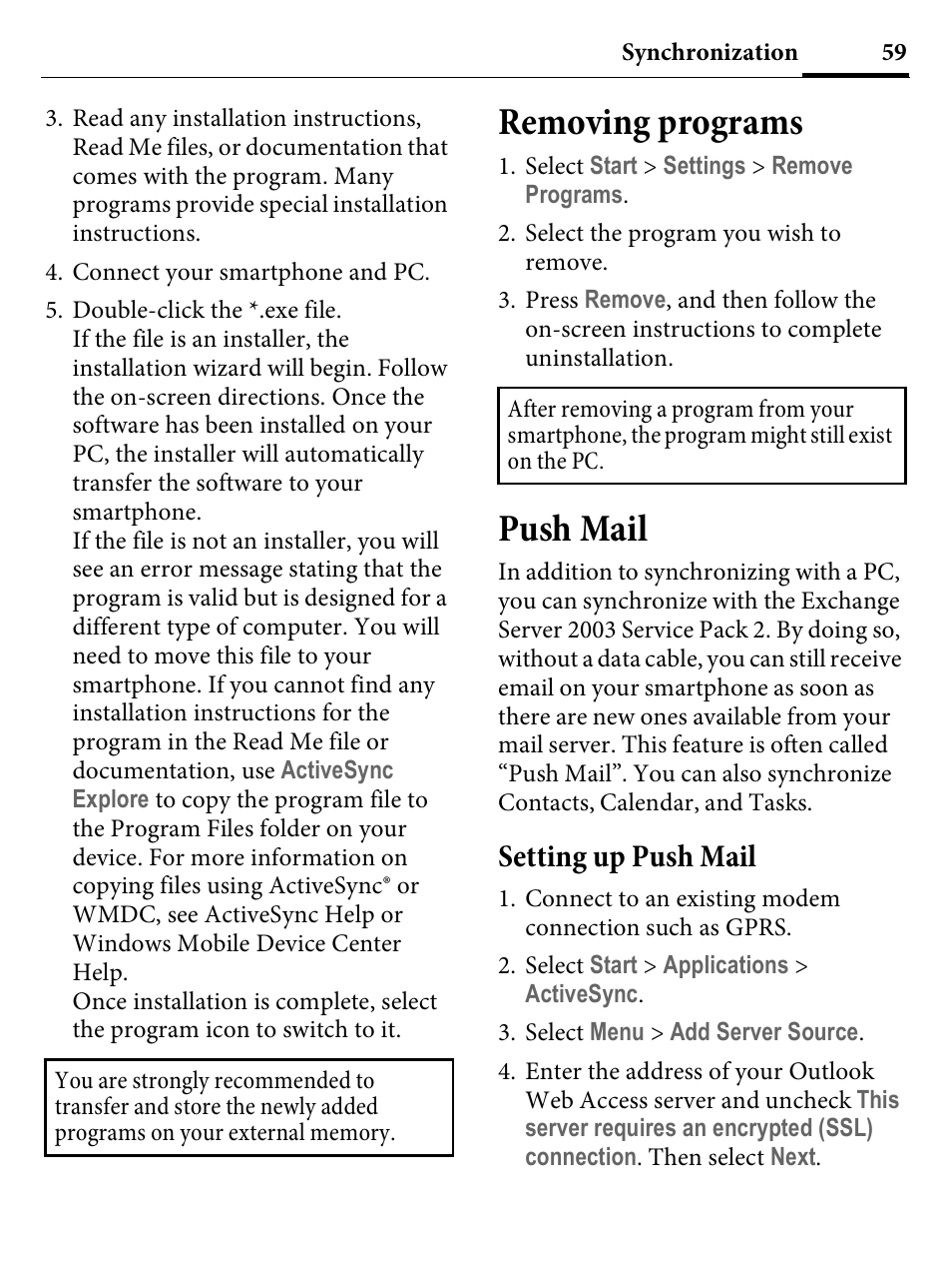 Removing programs, Push mail, Setting up push mail | Kyocera E4000 User Manual | Page 59 / 73
