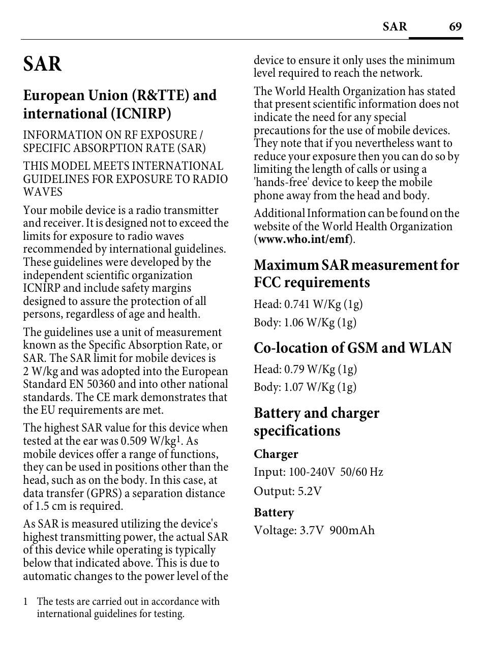 European union (r&tte) and international (icnirp), Maximum sar measurement for fcc requirements, Co-location of gsm and wlan | Battery and charger specifications | Kyocera E4000 User Manual | Page 69 / 73