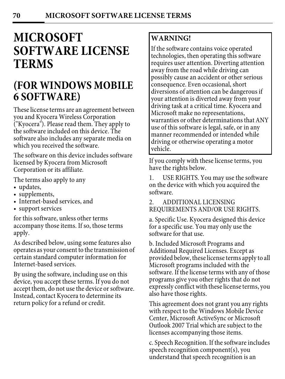 Microsoft software license terms, For windows mobile 6 software) | Kyocera E4000 User Manual | Page 70 / 73