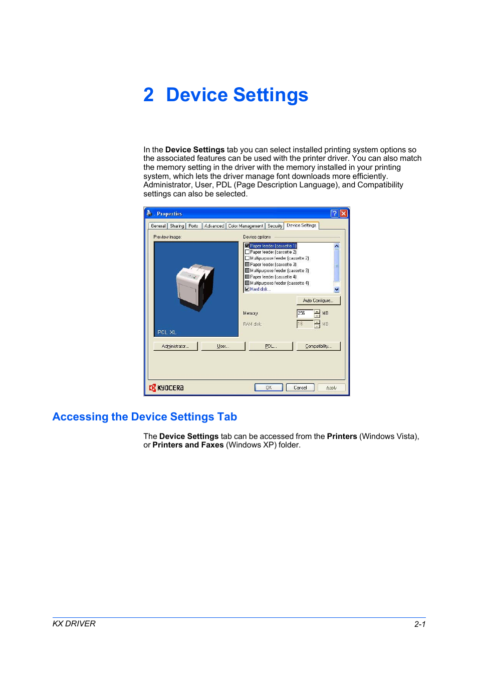 2 device settings, Accessing the device settings tab, Accessing the device settings tab -1 | Kyocera FS-C5100DN User Manual | Page 15 / 92