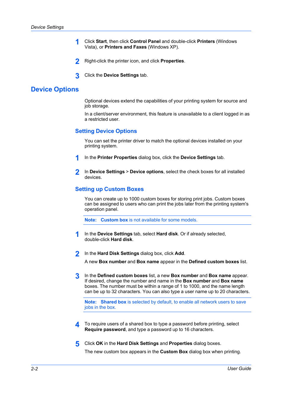 Device options, Setting device options, Setting up custom boxes | Device options -2 | Kyocera FS-C5100DN User Manual | Page 16 / 92