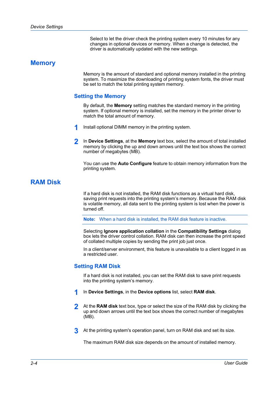 Memory, Setting the memory, Ram disk | Setting ram disk, Memory -4, Setting the memory -4, Ram disk -4, Setting ram disk -4 | Kyocera FS-C5100DN User Manual | Page 18 / 92